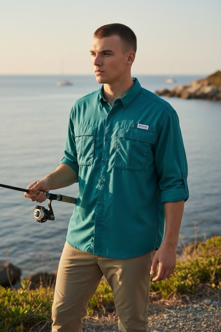 Magellan Outdoors Fish Gear Men's XL Teal Long Sleeve Button-Up Shirt Pockets